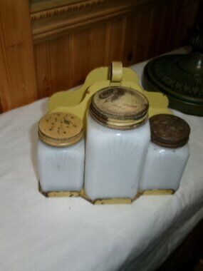 Vtg Napkin Holder shabby 4 pc metal floral salt pepper sugar shaker milk glass